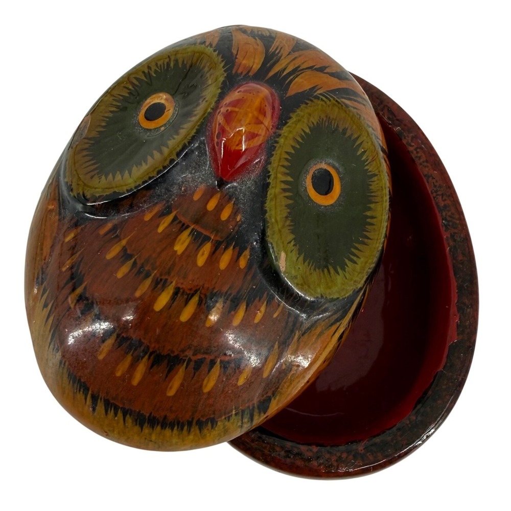 Hand Painted Ceramic Owl Trinket Box Folk Art Egg‎ Shaped Jewelry Dish Brown Red